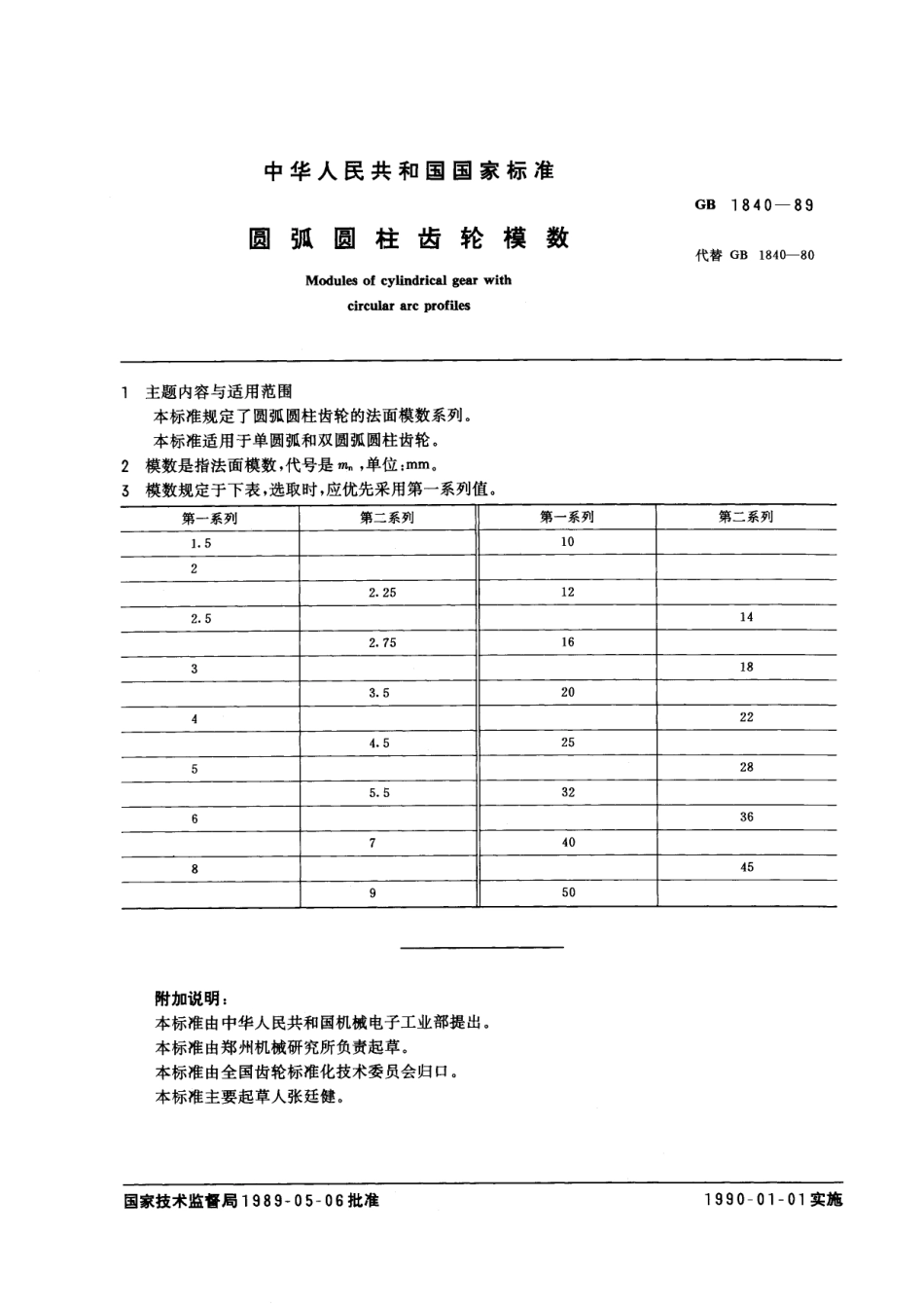 GB/T 1840-1989 圆弧圆柱齿轮模数.pdf_第2页