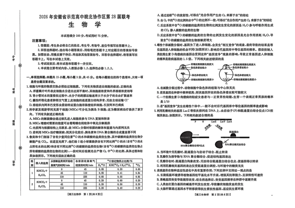 2026年安徽示范高中皖北协作区第28届联考生物.pdf_第1页
