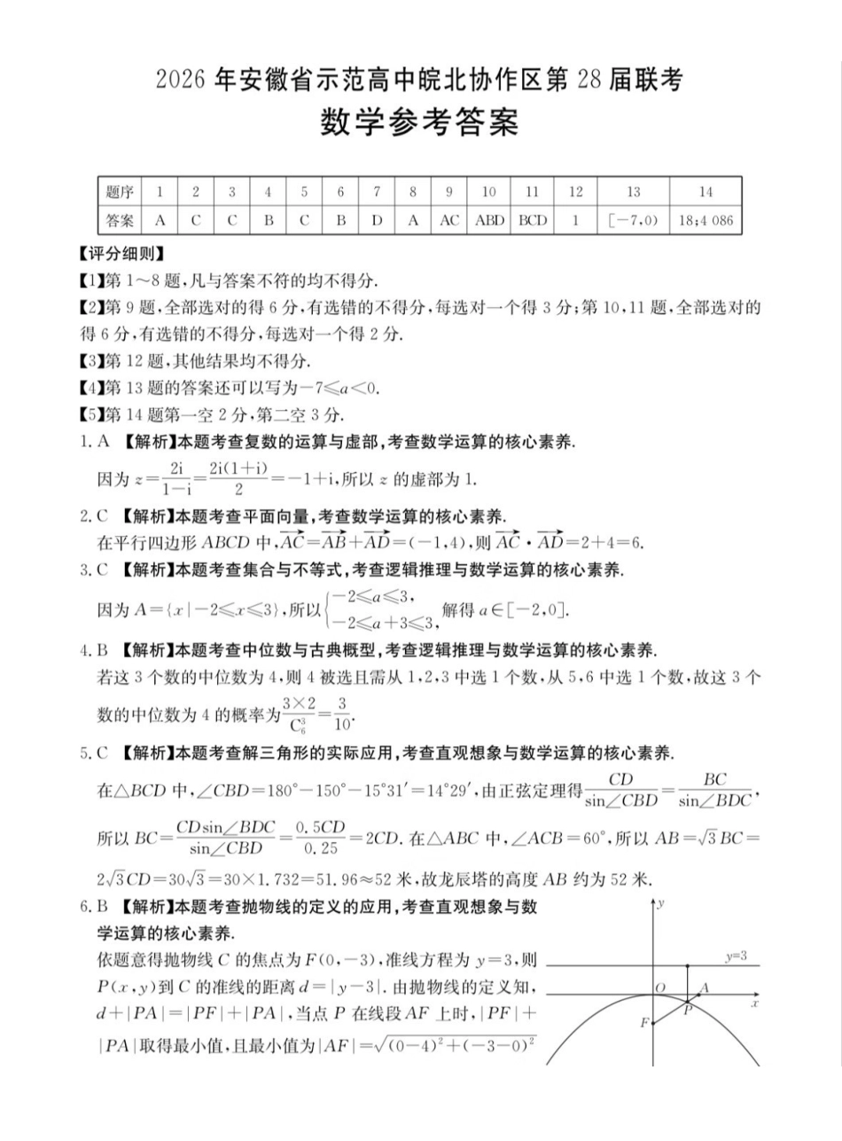2026年安徽示范高中皖北协作区第28届联考数学答案.pdf_第1页