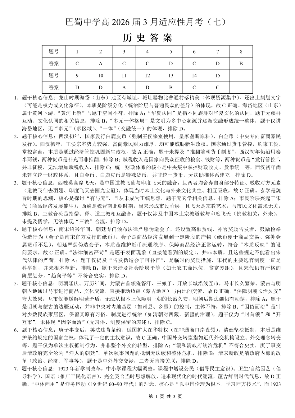 巴蜀中学2026届高考适应性月考卷（七）历史答案.pdf_第1页