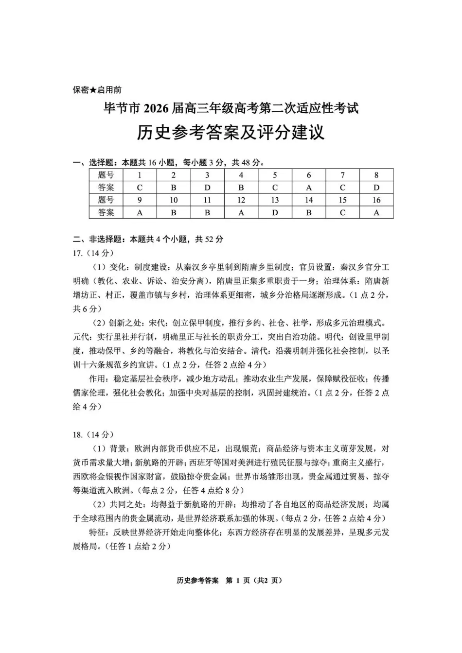 毕节市2026届高三年级高考第二次适应性考试历史答案.pdf_第1页