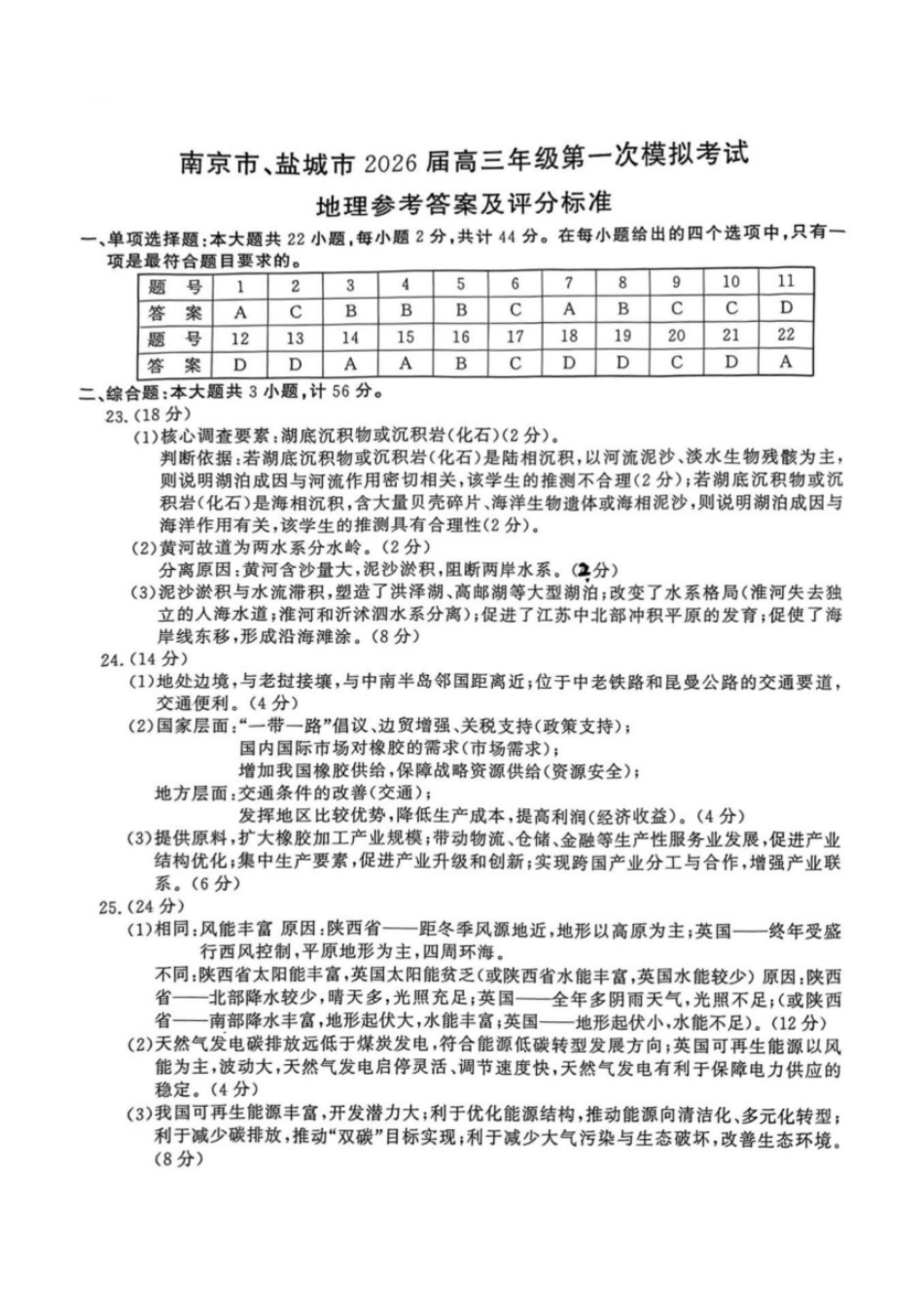 地理解析答案江苏南京市、盐城市2026届高三年级第一次模拟考试(南京盐城高三一模)(3.26-3.27).pdf_第1页