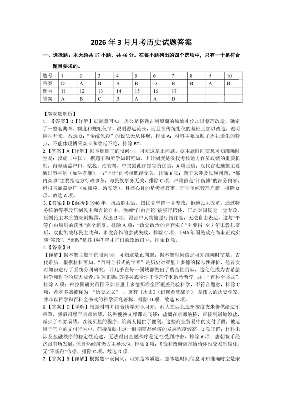 杭州二中2025学年第二学期高三三月份适应性考试历史答案.pdf_第1页