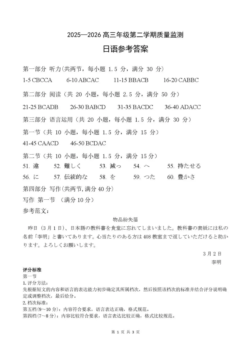 河南五市2026年高三年级一模考试日语答案.pdf_第1页