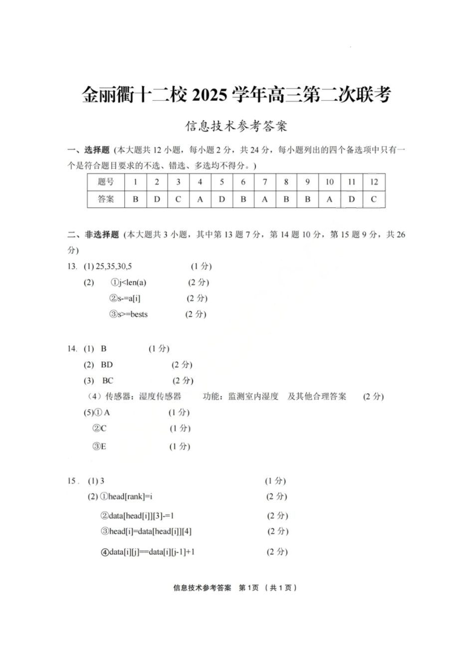 技术答案-金丽衢十二校2025学年高三第二次联考.pdf_第1页