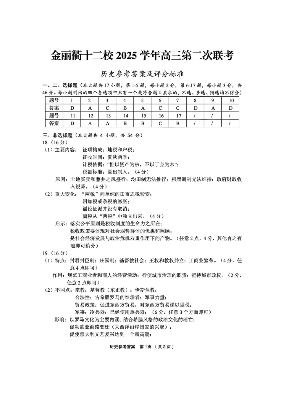 金丽衢十二校2025学年高三第二次联考历史答案.pdf_第1页