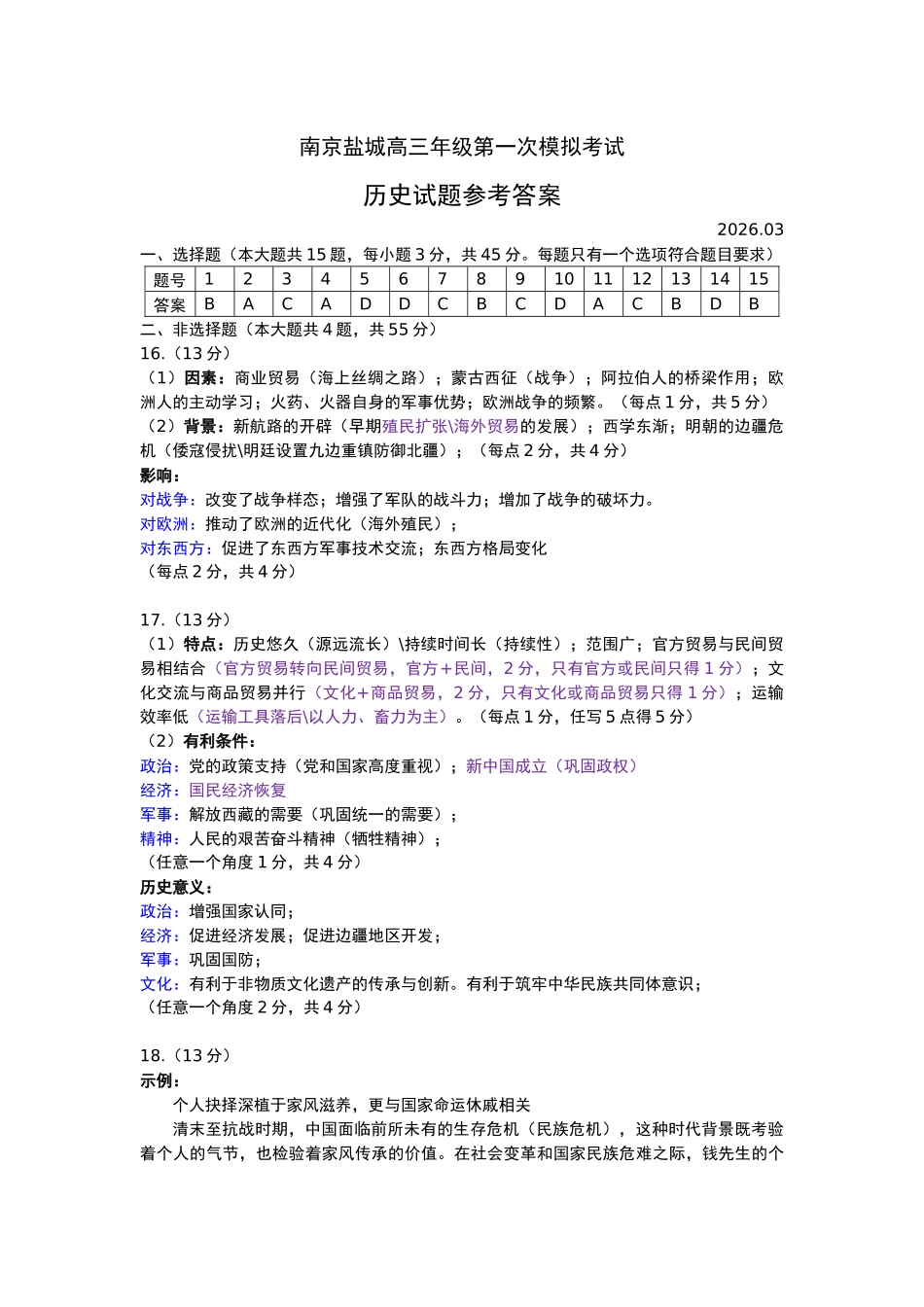 南京市、盐城市2026届高三年级第一次模拟考试历史答案.docx_第1页