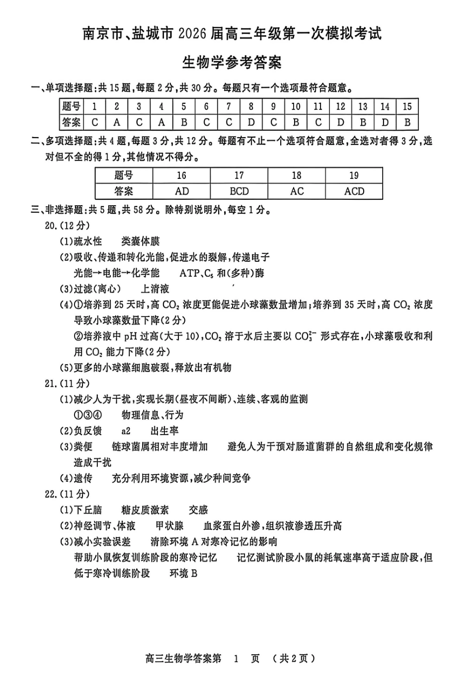 南京市、盐城市2026届高三年级第一次模拟考试生物答案.pdf_第1页