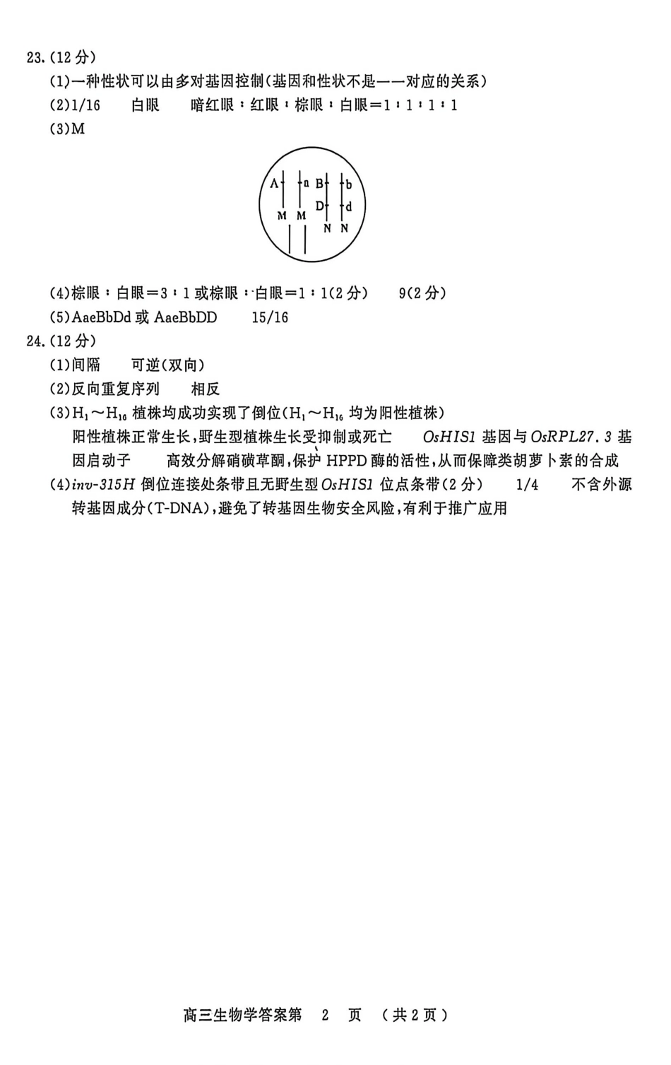 南京市、盐城市2026届高三年级第一次模拟考试生物答案.pdf_第2页