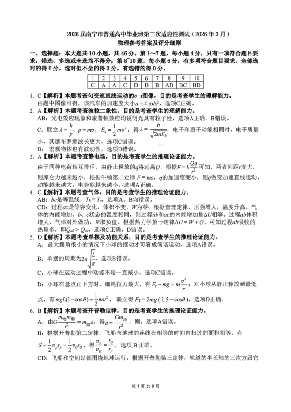 南宁2026年3月高三二模物理答案.pdf_第1页
