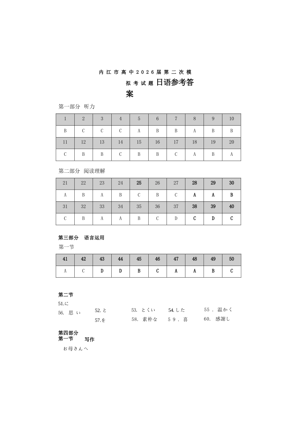 日语四川内江市2026届高三年级第二次模拟考试试题(内江二诊)(3.16-3.18)(1).docx_第1页