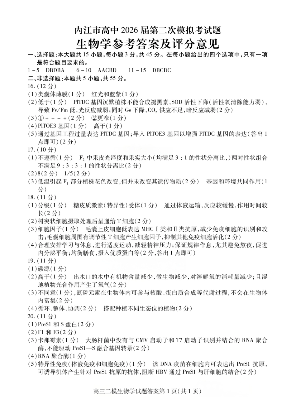 生物四川内江市2026届高三年级第二次模拟考试试题(内江二诊)(3.16-3.18)(1).pdf_第1页
