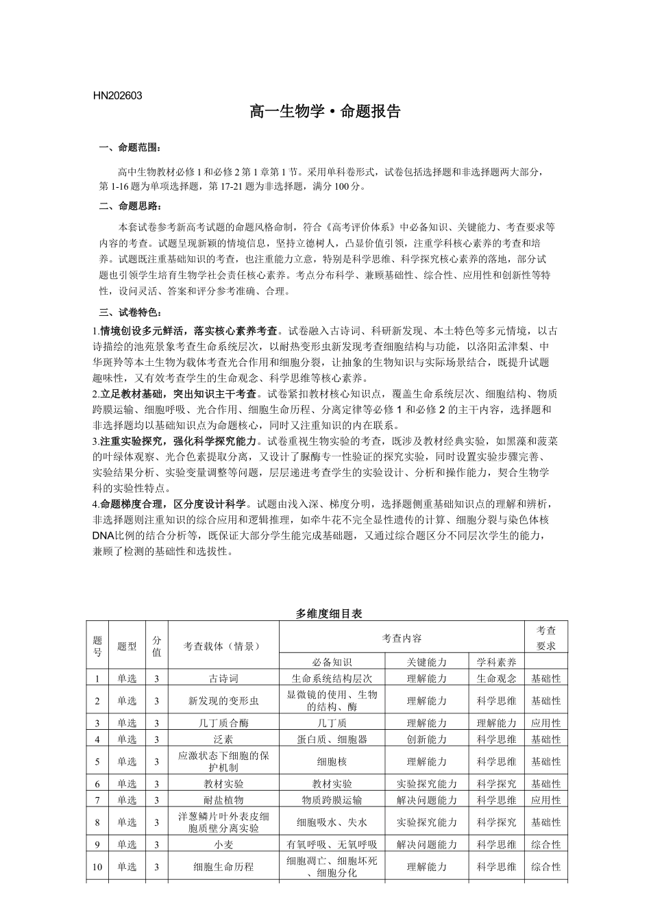 生物学命题报告河南T-Y大联考2026年高一年级下学期3月大联考（3.23-3.24）.pdf_第1页
