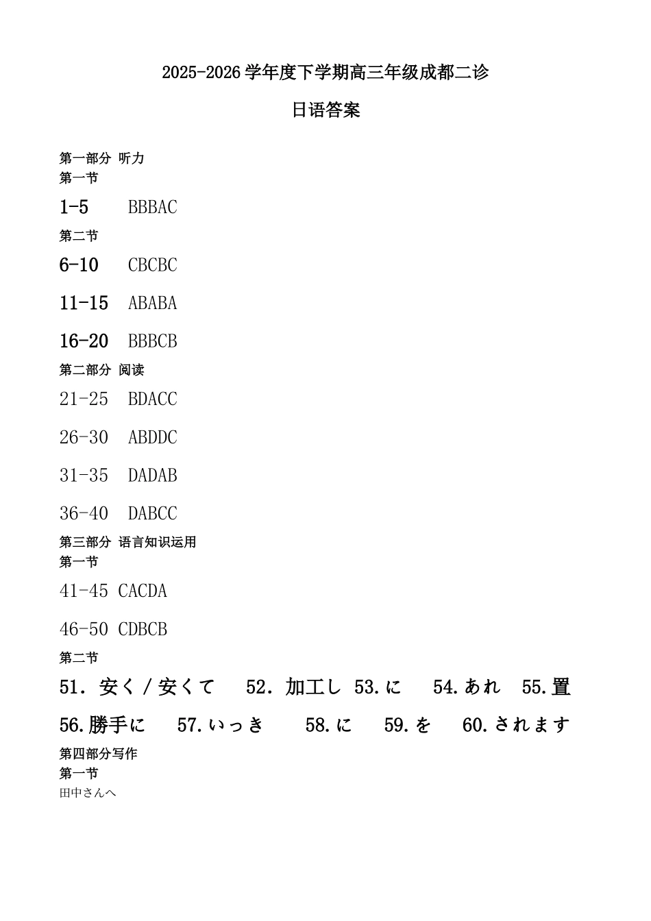 四川成都市2023级高三第二次模拟测试日语答案.docx_第1页