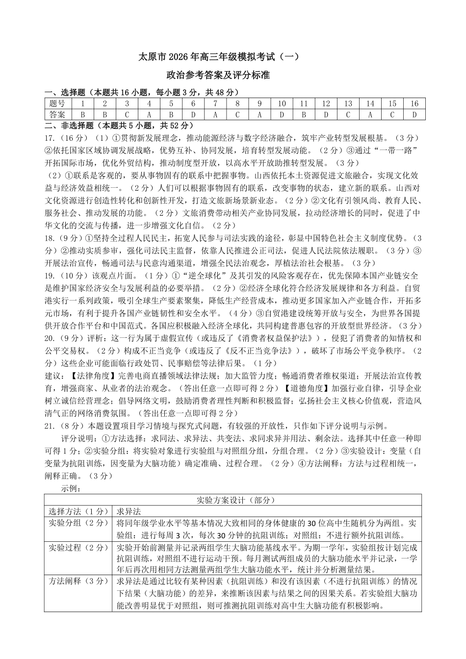太原市2026年高三年级模拟考试（一）政治答案.pdf_第1页
