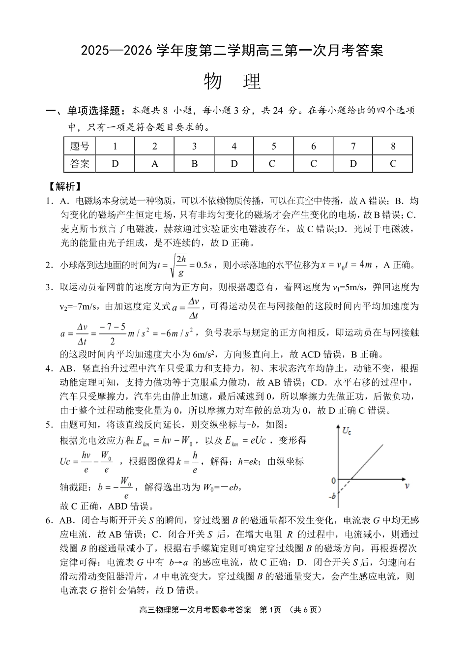 文昌中学2025一2026学年度第二学期高三第一次月考试题物理答案.pdf_第1页