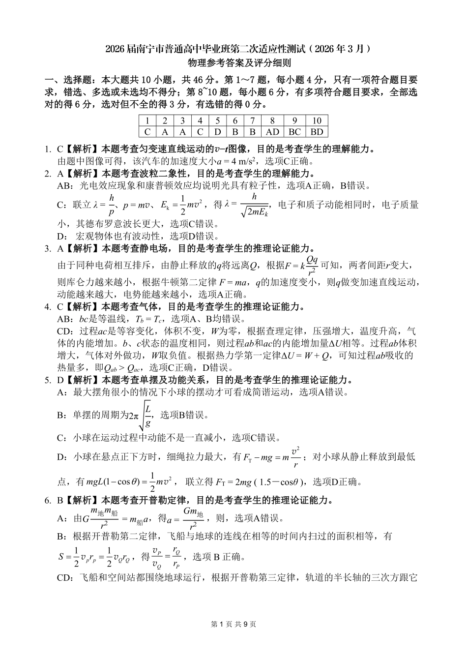 物理广西壮族自治区南宁市2026届普通高中毕业班第二次适应性测试高三第二次适应性测试(南宁二模)(3.23-3.25)(2).pdf_第1页