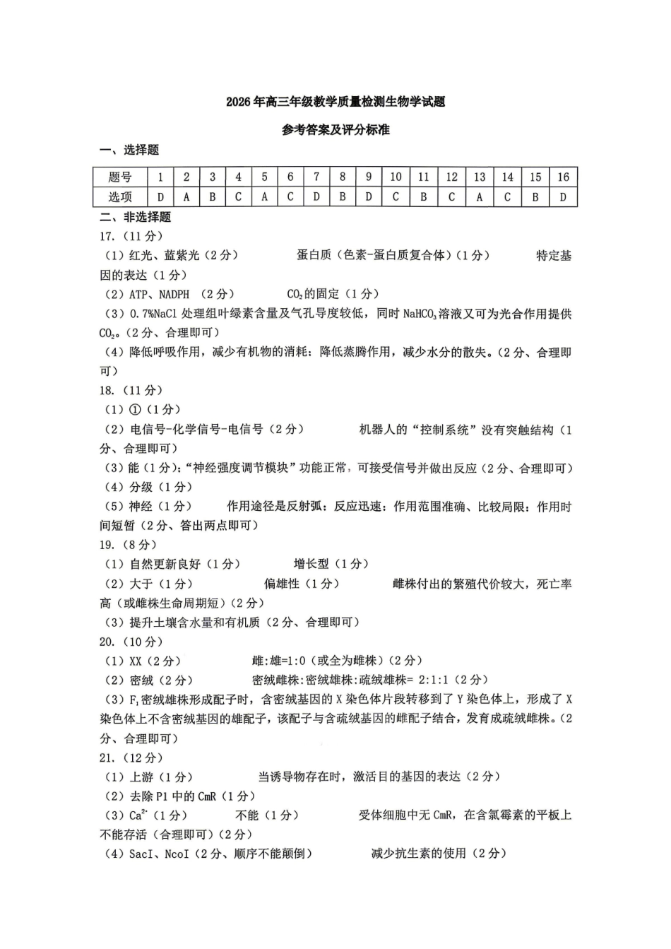 银川市、石嘴山市、吴忠市三市2026年高三年级学科教学质量检测生物答案.pdf_第1页