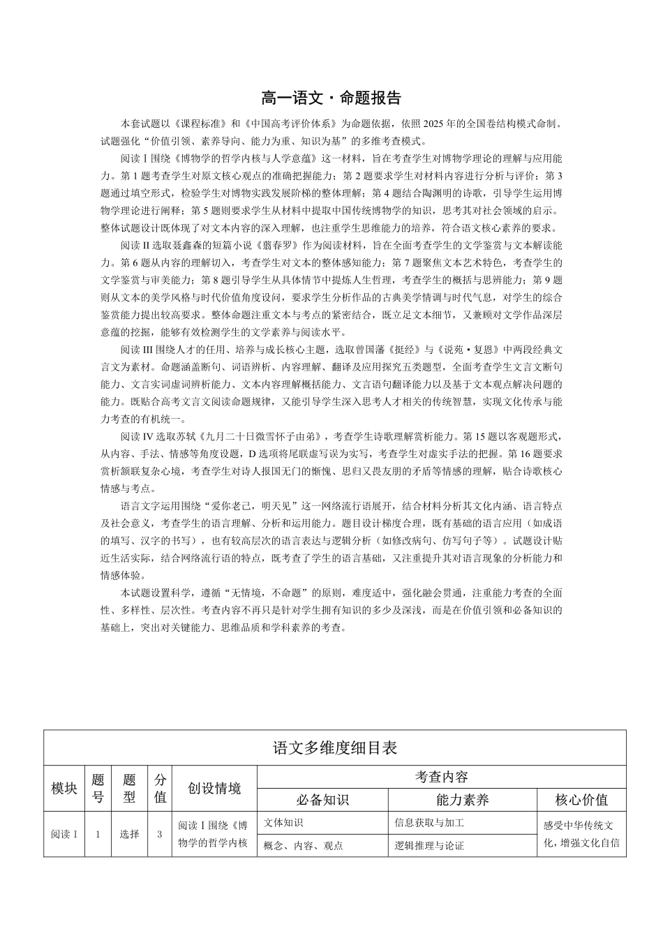 语文命题报告河南T-Y大联考2026年高一年级下学期3月大联考(3.23-3.24).pdf_第1页