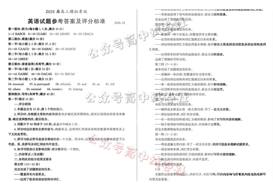 枣庄市2026届高三3月模拟考英语答案_.pdf_第1页