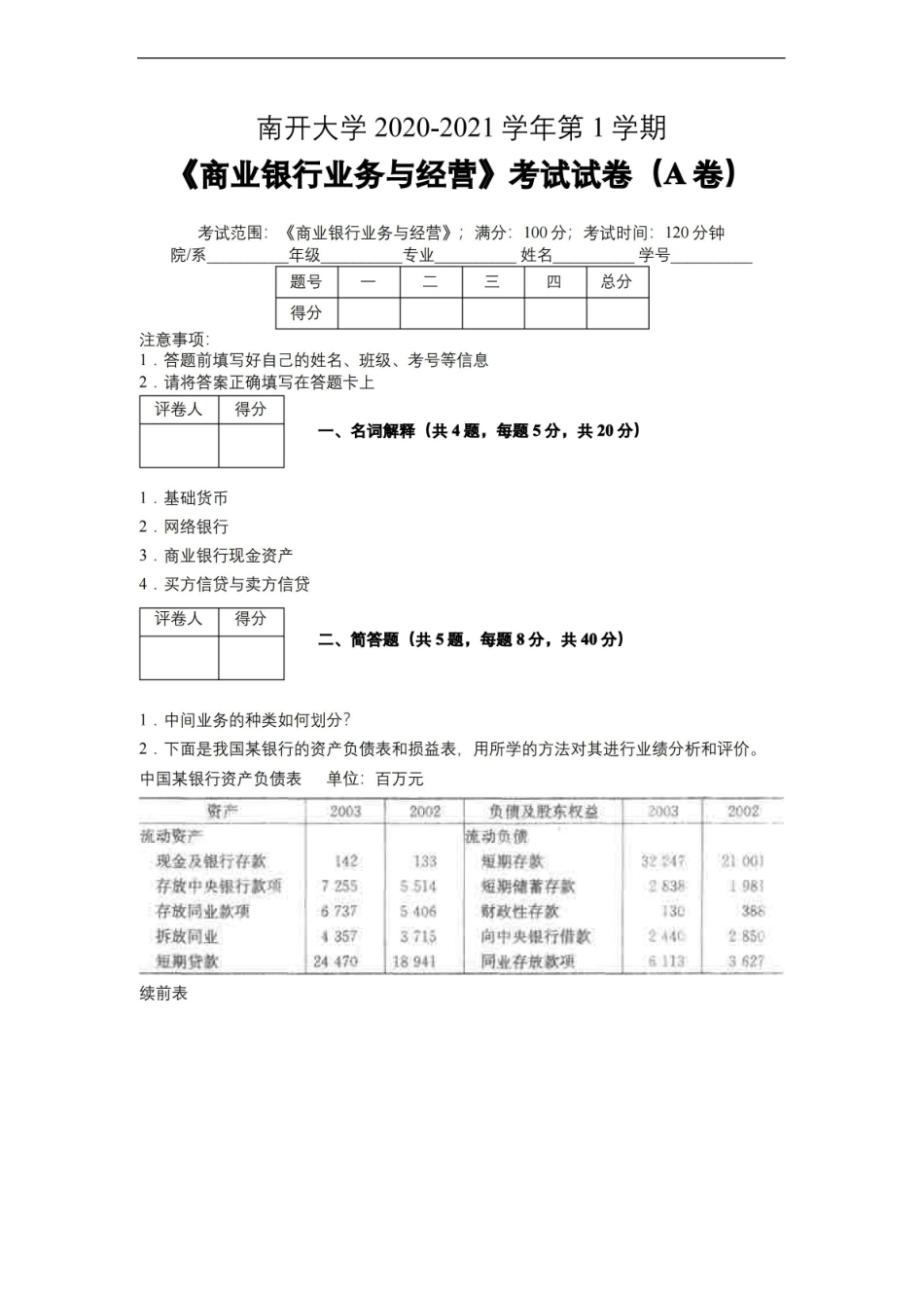 南开大学2020—2021学年第1学期商业银行业务与经营考试试卷(附标准答案).pdf_第1页