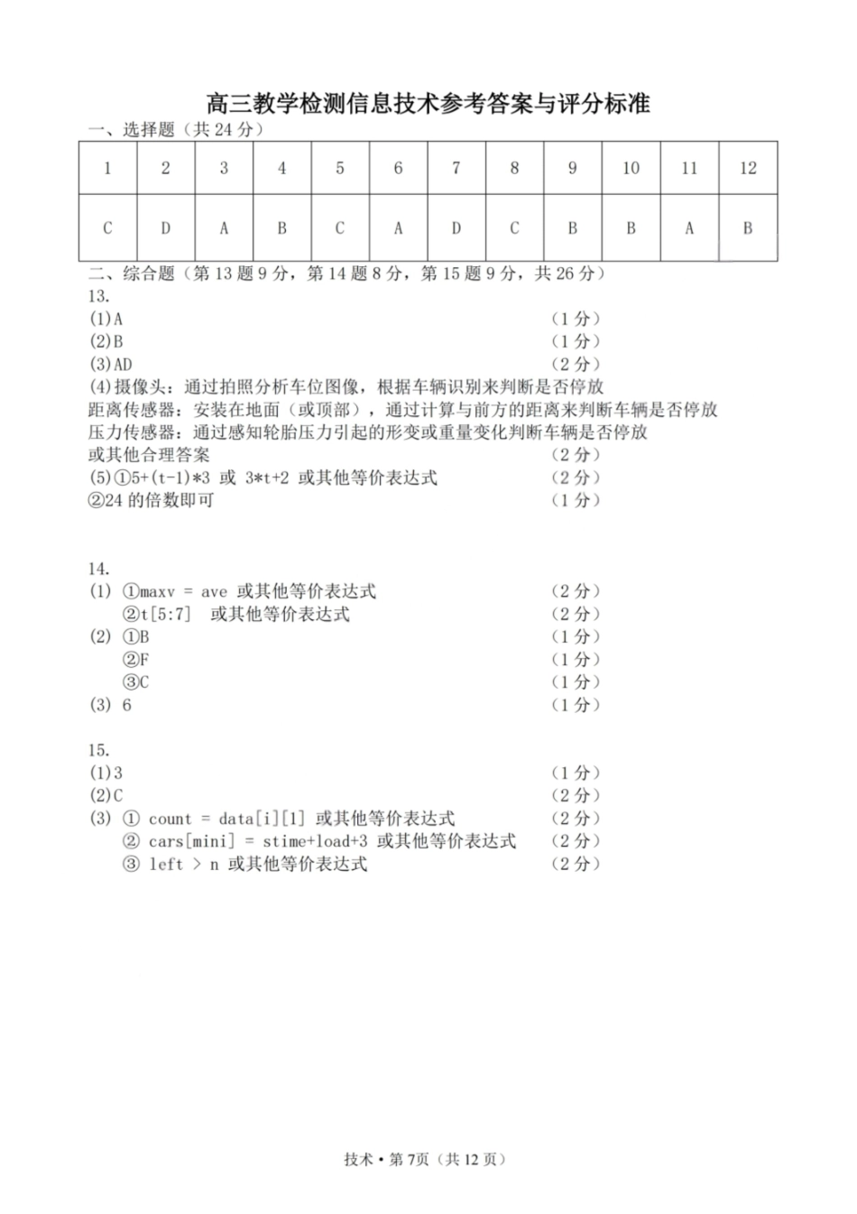 2025学年第二学期杭州市高三年级教学质量检测技术答案.pdf_第1页