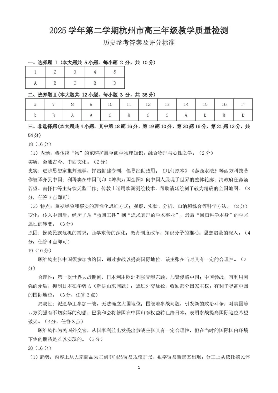 2025学年第二学期杭州市高三年级教学质量检测历史答案.pdf_第1页