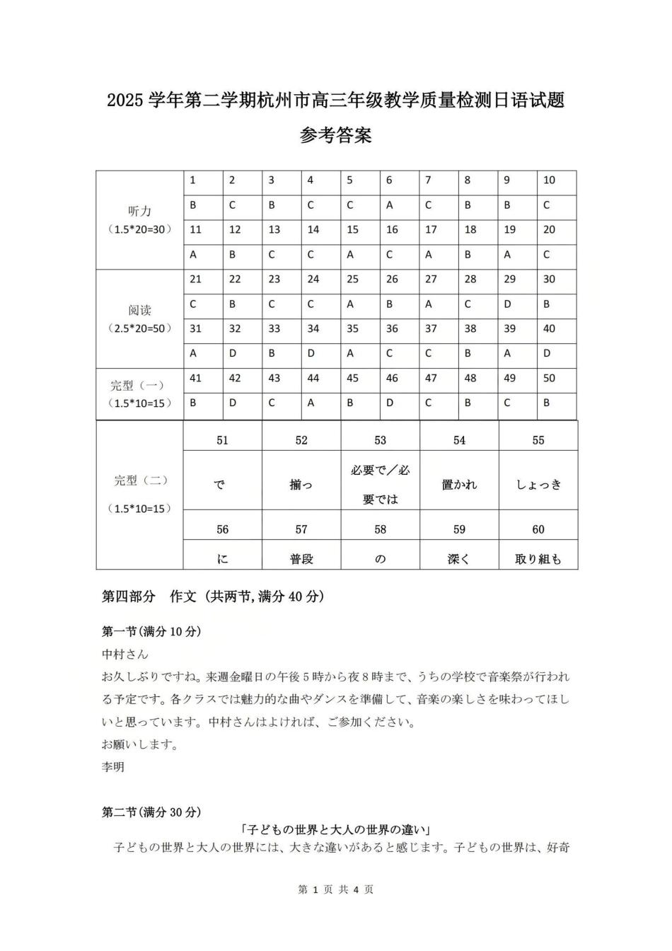 2025学年第二学期杭州市高三年级教学质量检测日语答案.pdf_第1页