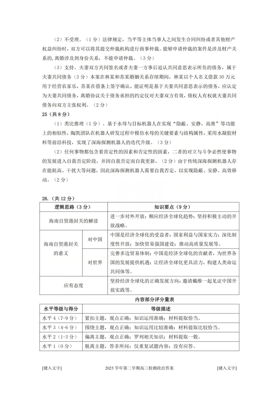 2025学年第二学期杭州市高三年级教学质量检测政治答案.pdf_第2页