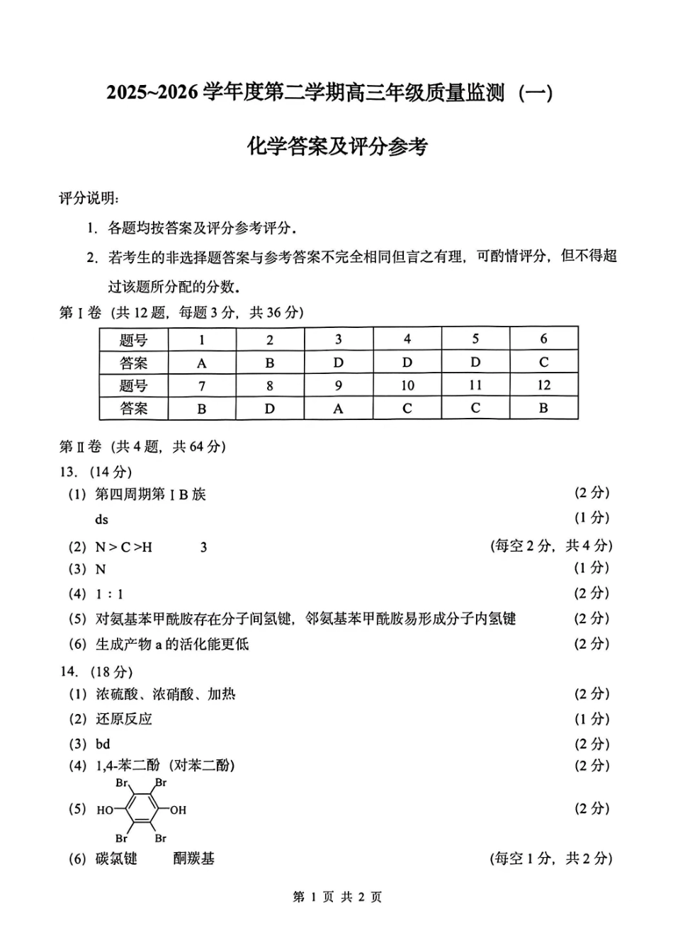 2025一2026学年度第二学期高三年级质量监测（一）化学答案.pdf_第1页