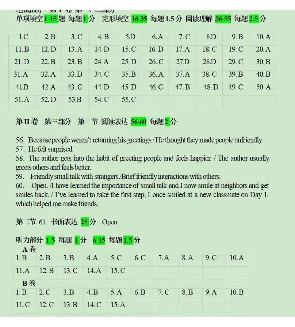 2025一2026学年度第二学期高三年级质量监测（一）英语答案.pdf_第1页