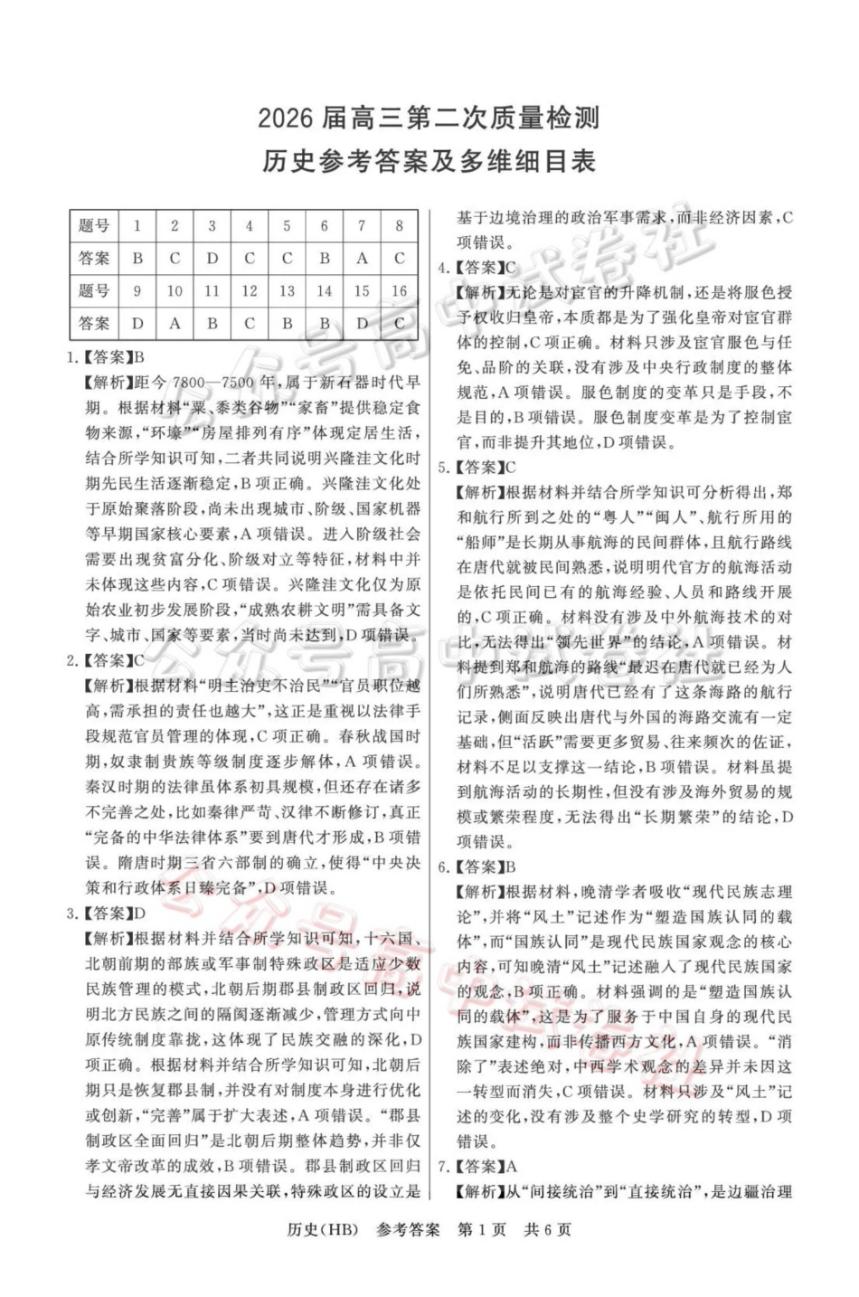2026届高三年级四月阶段练习历史(HB)答案_.pdf_第1页