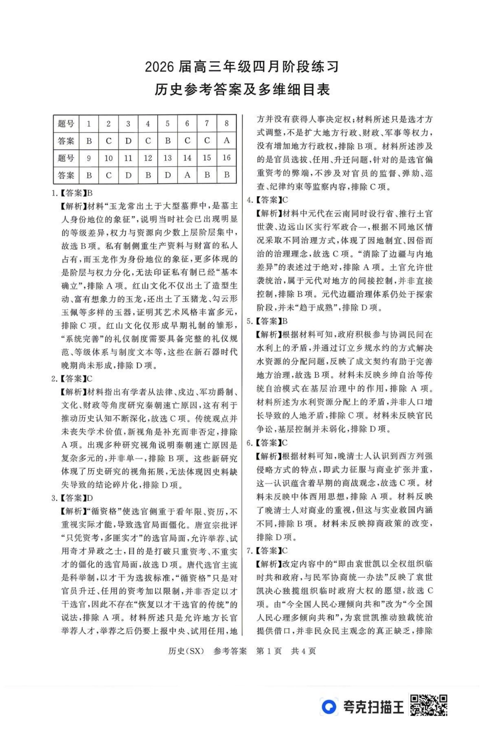 2026届高三年级四月阶段练习历史(SX)答案.pdf_第1页