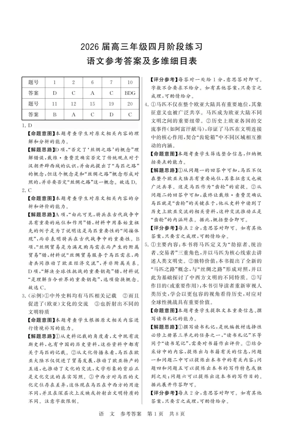 2026届高三年级四月阶段练习语文答案.pdf_第1页