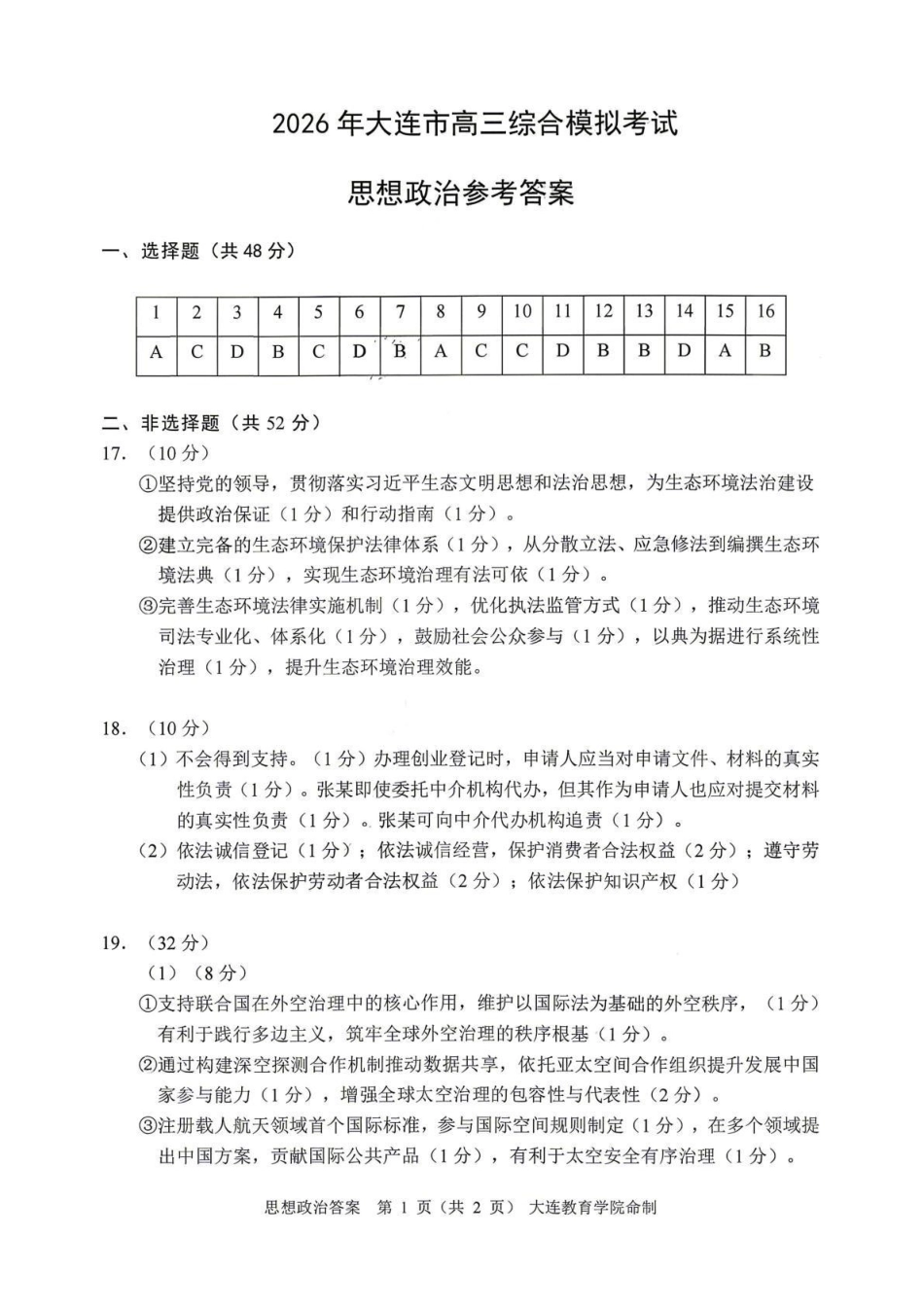 2026年大连市高三综合模拟考试政治答案.pdf_第1页