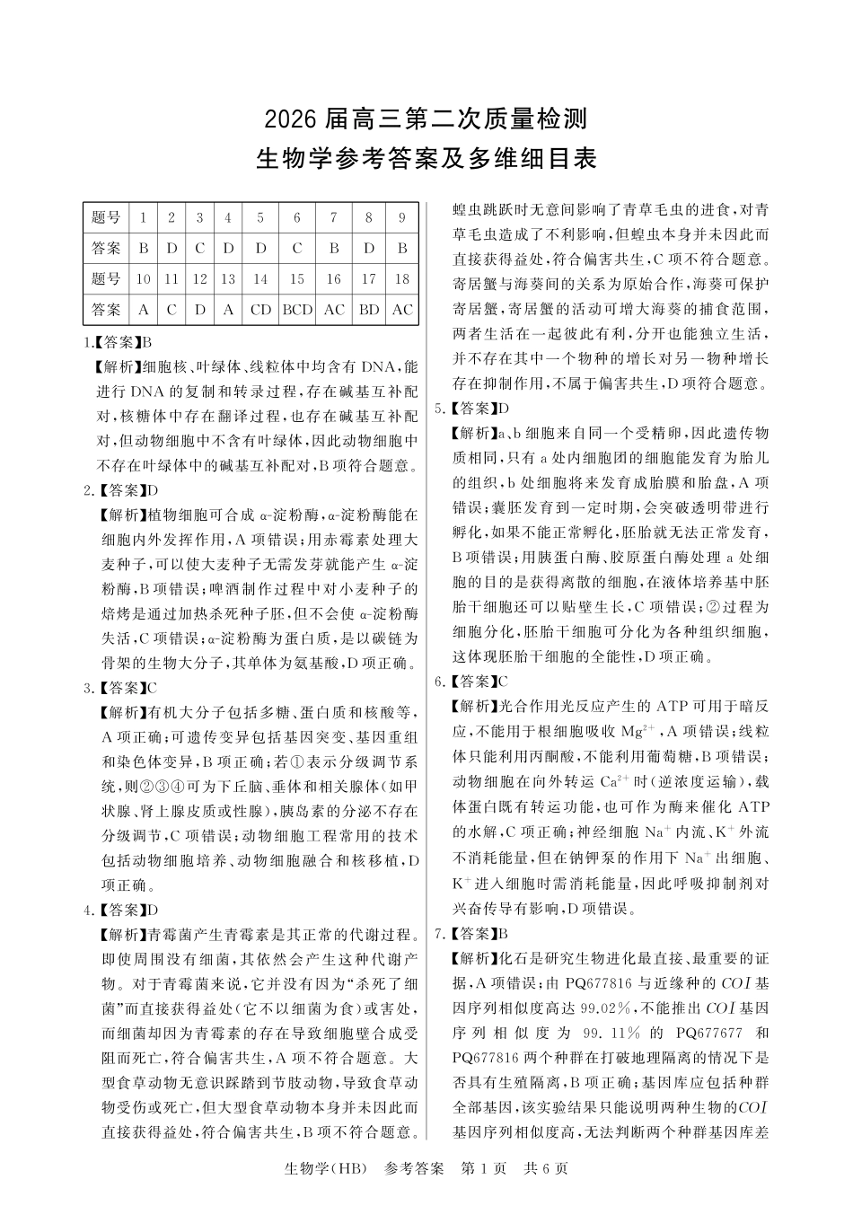 八T8联考2026届高三年级四月阶段练习生物(HB)答案.pdf_第1页