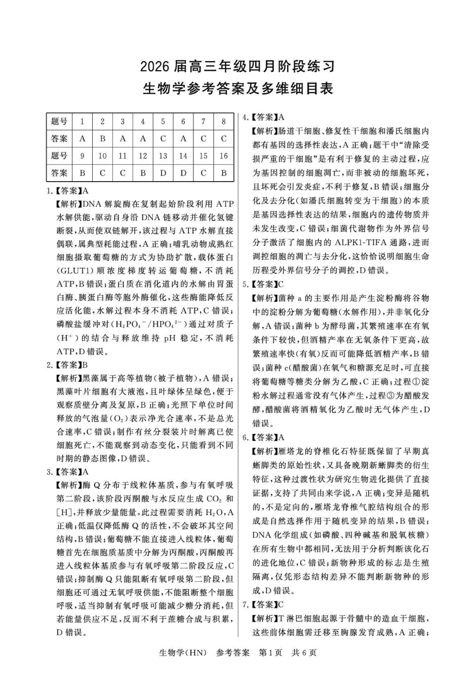 八T8联考2026届高三年级四月阶段练习生物(HN)答案.pdf_第1页