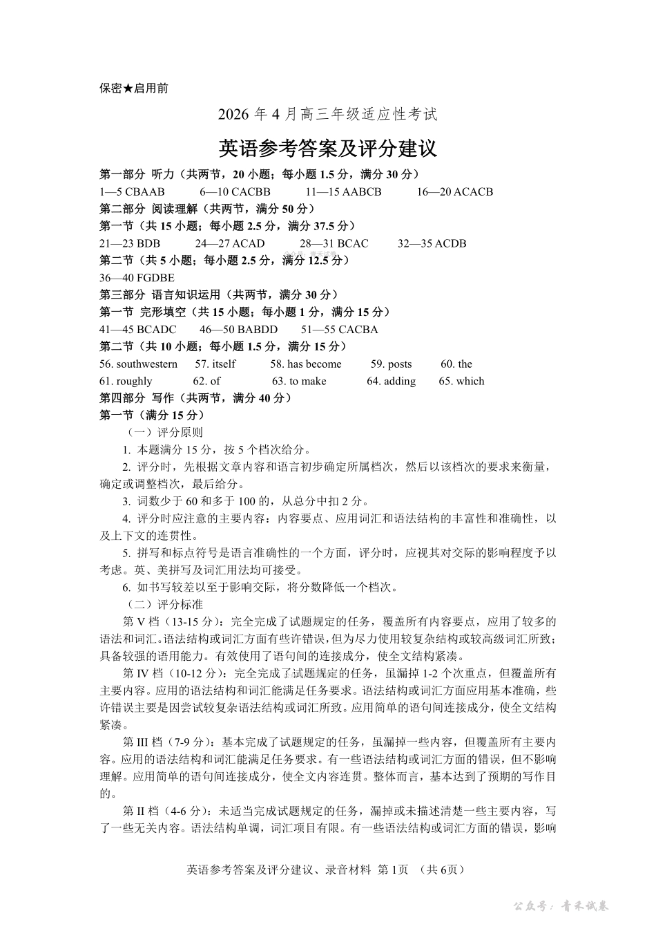 贵阳市2026年4月高三年级适应性考试英语答案.pdf_第1页