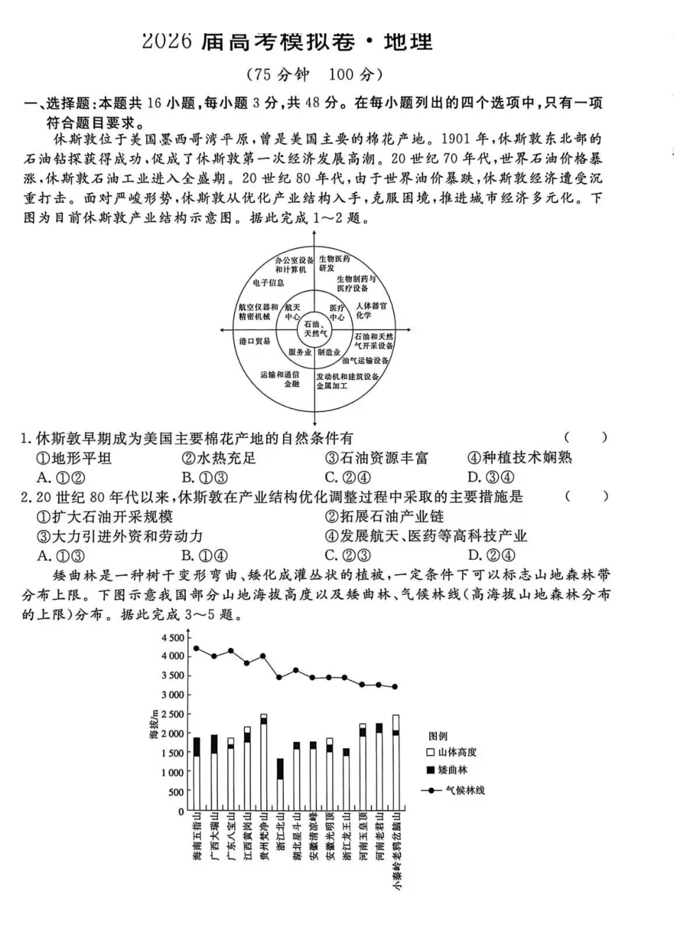 河北沧州市五校2026届高考模拟卷地理+答案.pdf_第1页