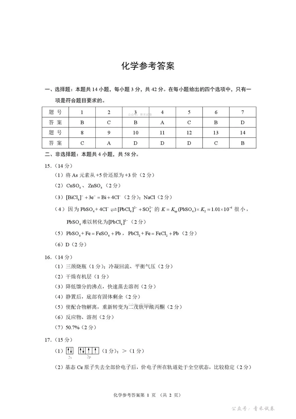 河南2026届高三下学期高考适应性考试化学答案.pdf_第1页