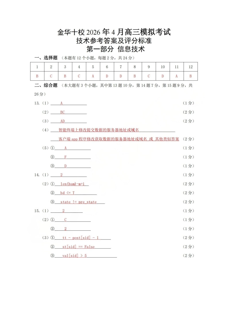 金华十校2026年4月高三模拟考试技术答案.pdf_第1页