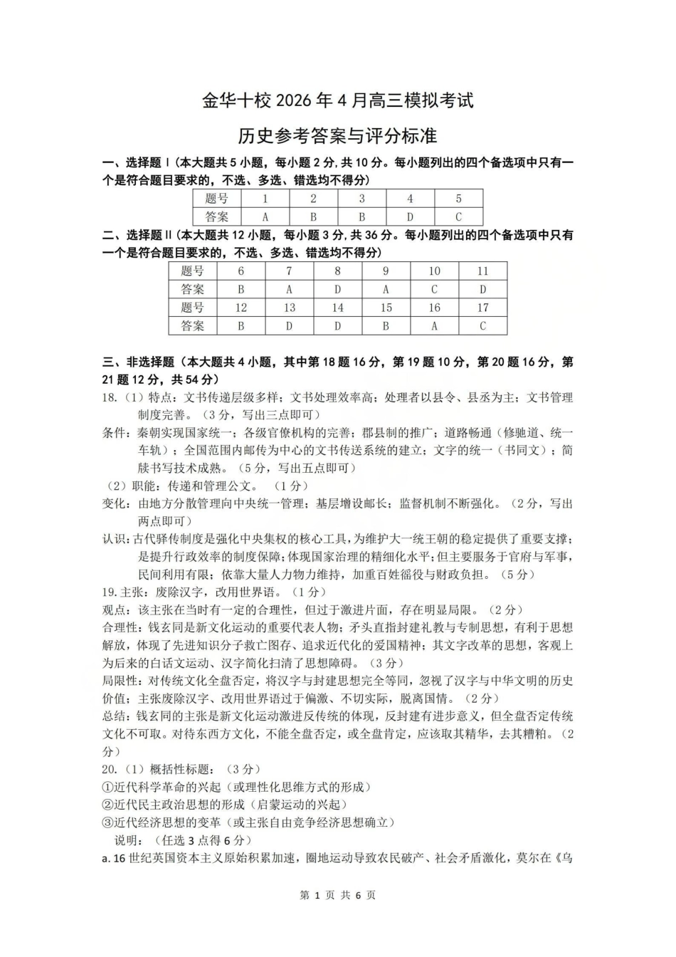 金华十校2026年4月高三模拟考试历史答案.pdf_第1页