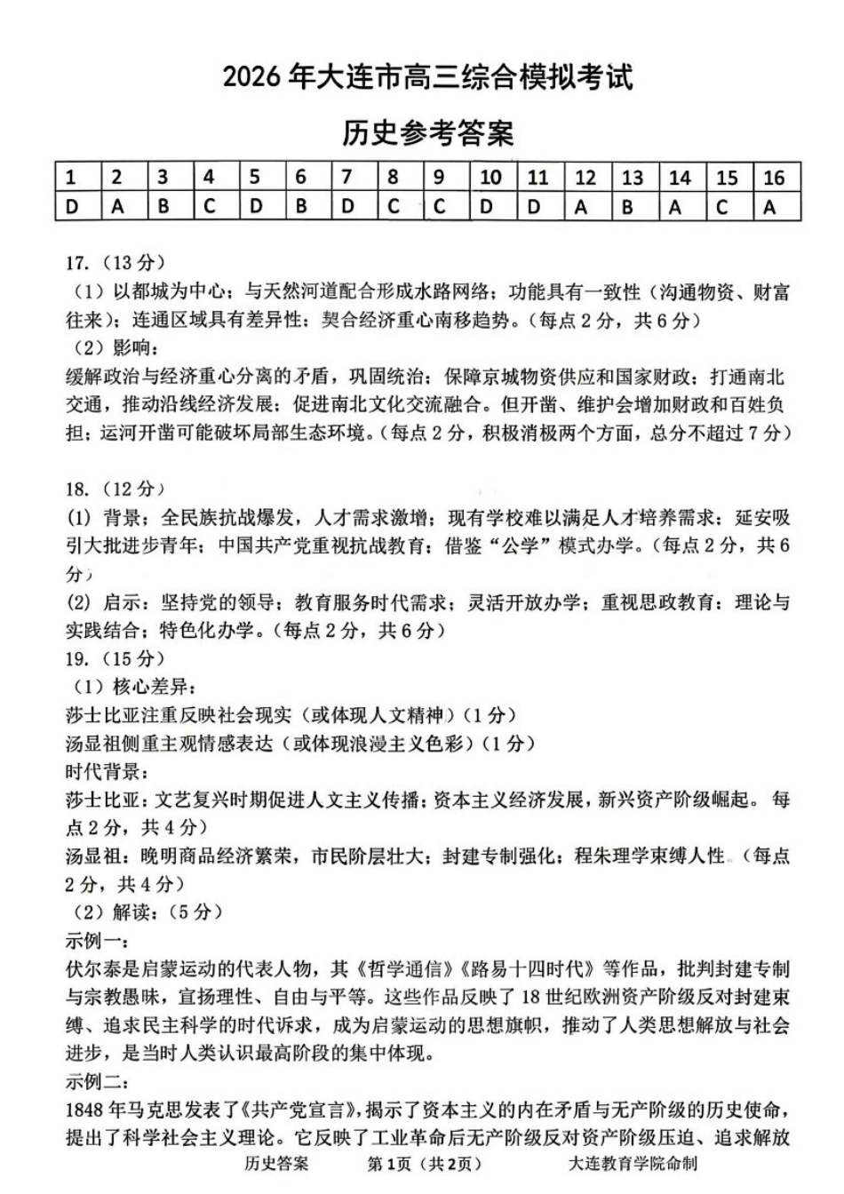 历史辽宁大连市2026年大连市市高三年级综合模拟考试(大连高三一模)(4.7-4.9).docx_第1页