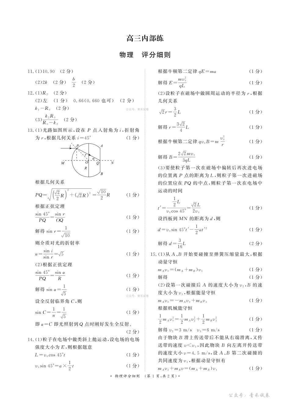 青桐鸣2026届高三下学期4月内部练物理评分细则.pdf_第1页