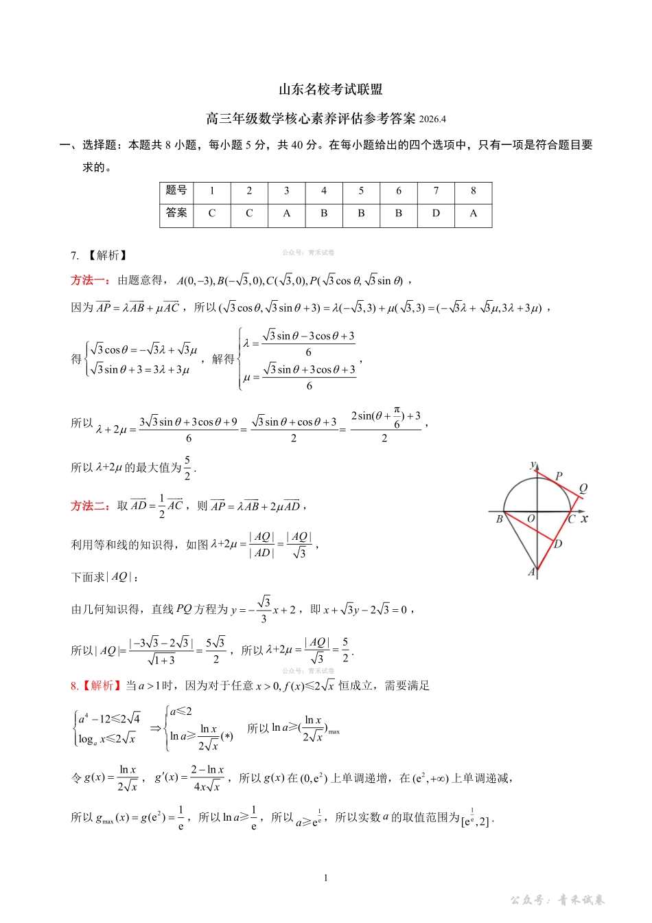 山东名校考试联盟2026年4月高三核心素养评估数学答案.pdf_第1页