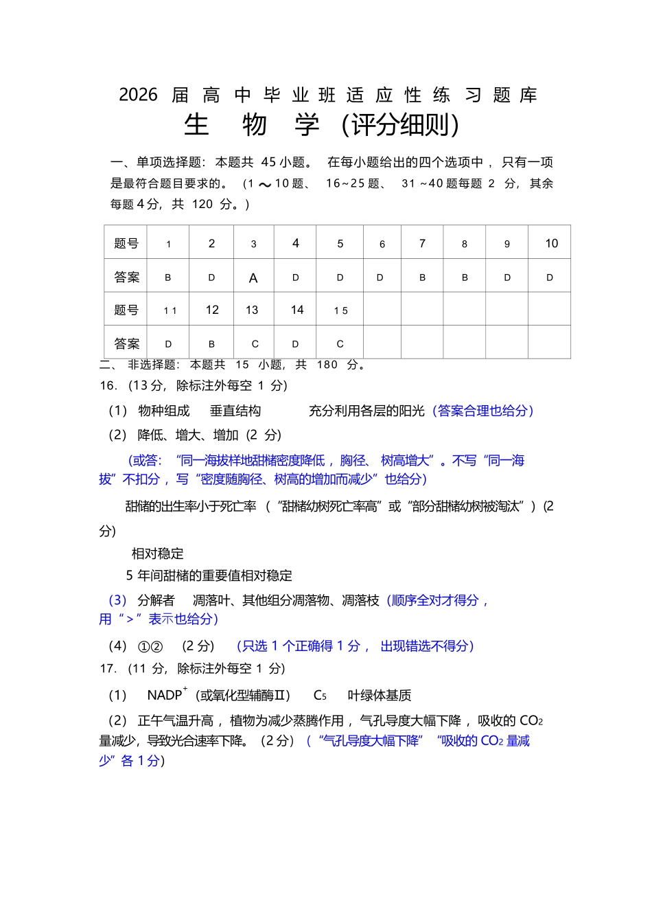 生物(质检--泉州卷)答案与评分细则【泉州版】福建泉州市2026届高中毕业班高三年级模拟考试(二)(泉州二检)(4.8-4.10).docx_第1页