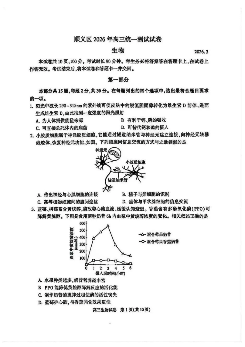 生物【北京卷】北京市顺义区2026年高三年级统一测试试卷(顺义高三一模)(3.30-4.2).docx_第1页