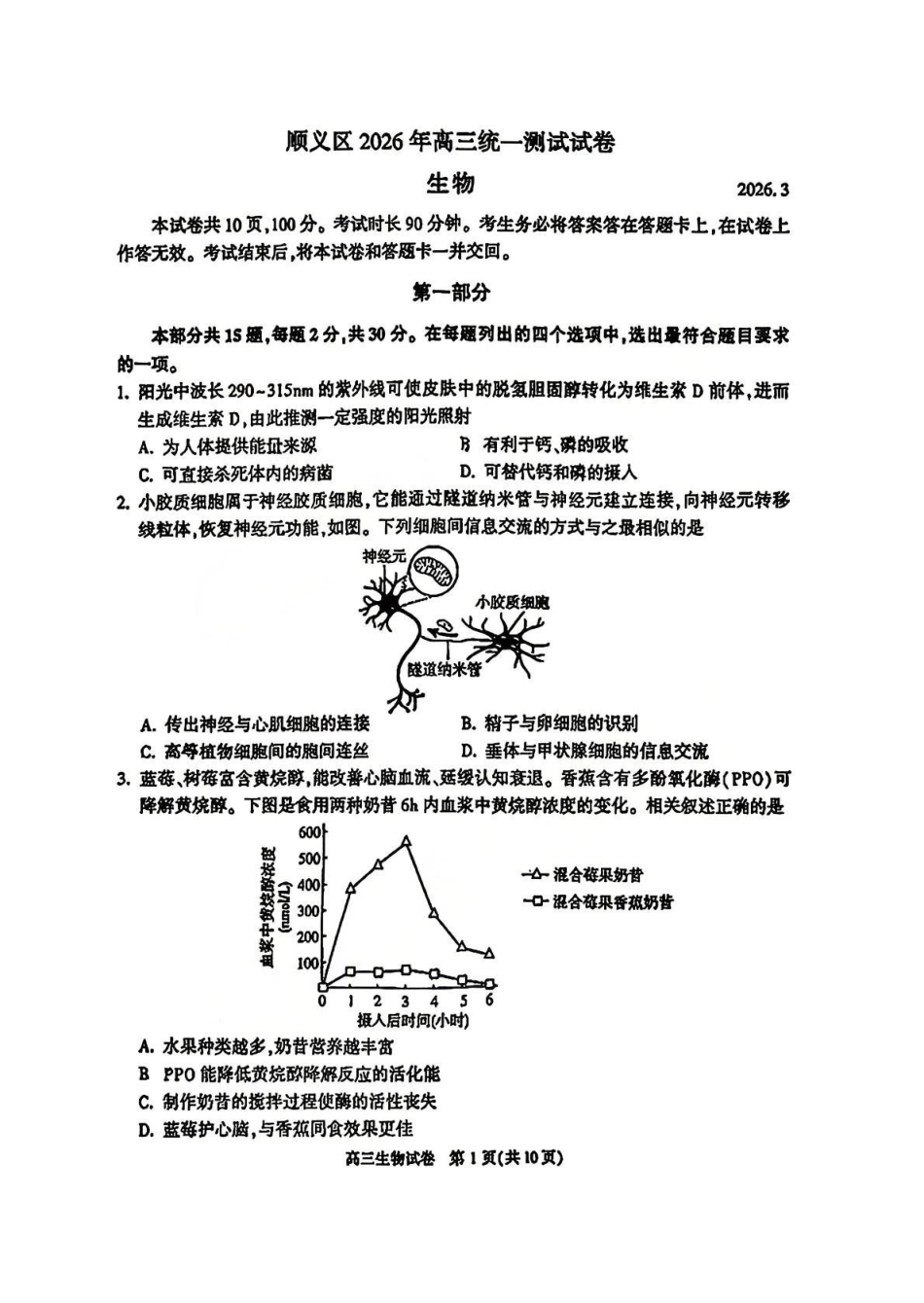 生物+答案【北京卷】北京市顺义区2026年高三年级统一测试试卷(顺义高三一模)(3.30-4.2).pdf_第1页