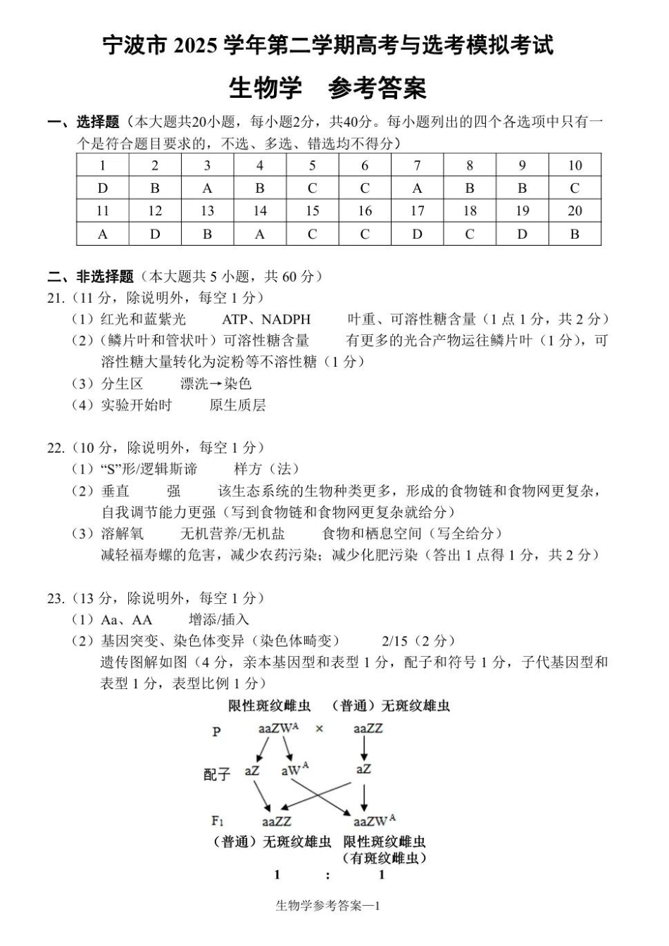 生物参考答案浙江宁波市2026届高三年级2025学年第二学期高考模拟考试（宁波高三二模）(4.8-4.10).docx_第1页