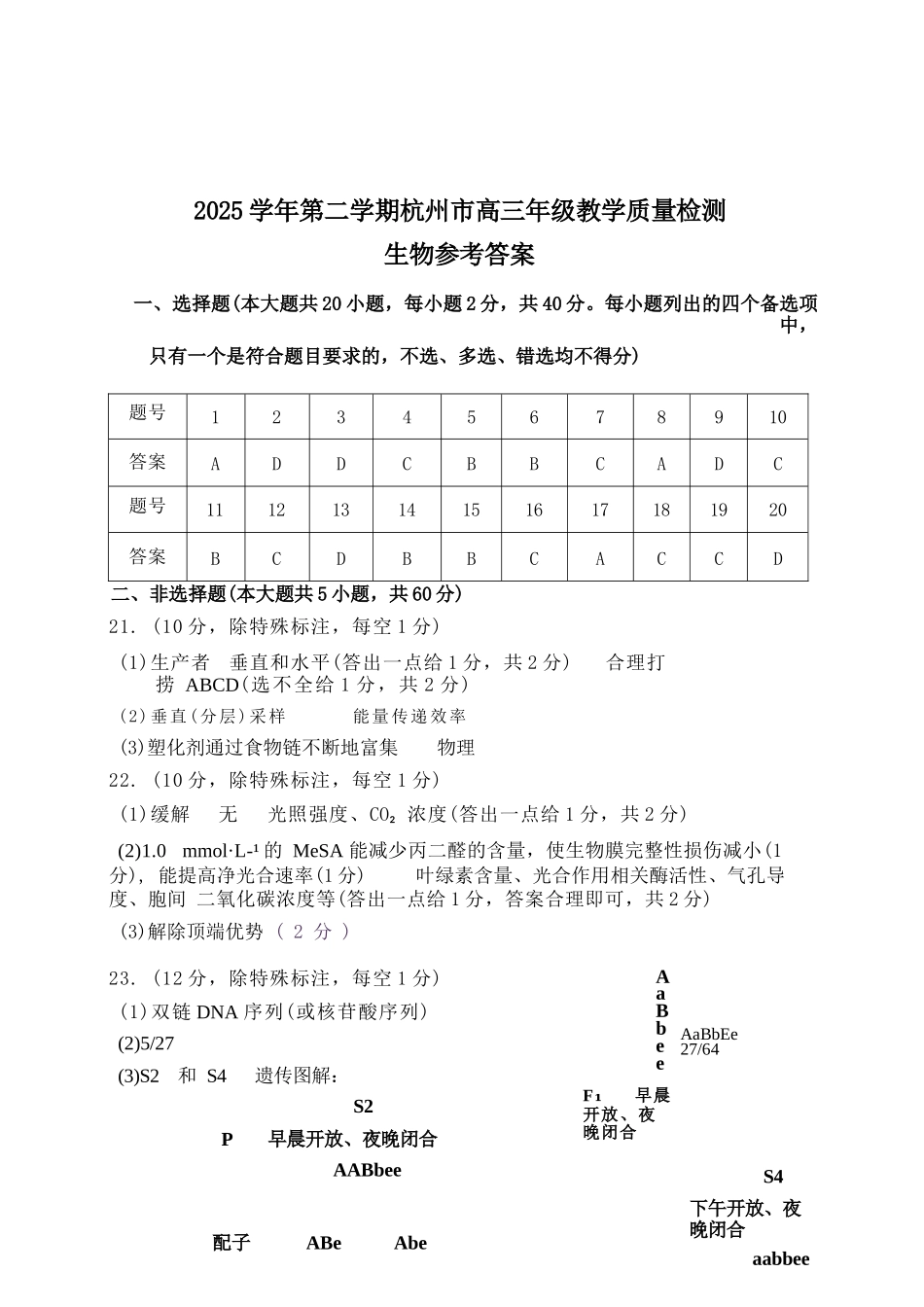 生物浙江杭州市2025学年第二学期杭州市高三年级教学质量检测(杭州二模)(4.7-4.9)(1).docx_第1页